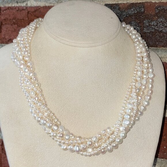 14k Multi Strand Genuine Freshwater Pearl Necklace 16-18" Vintage Showcase Piece - Picture 1 of 11